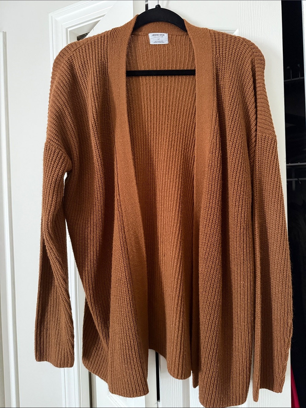 Open-Front Ribbed Cardigan Sweater in Camel